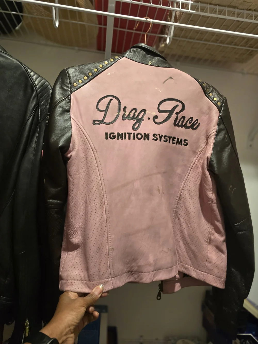 Wilsons Leather Pink and Black Embroidered Moto Jacket